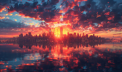 A breathtaking, futuristic cityscape bathed in the warm glow of a setting sun. Generate AI