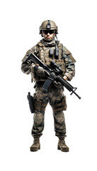 Modern soldier standing at ease with assault rifle, wearing camouflage and combat gear, isolated on a transparent background. Generative AI