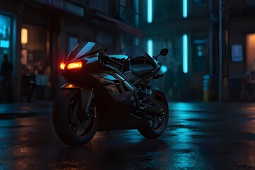 A sleek motorcycle parked under the glowing neon lights of a rainy city street