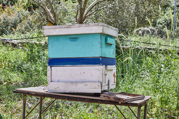 Beehive placed on wooden table amidst field with grass and natural landscape