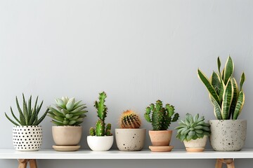 Shelf at home against a white empty wall. Copy space with a place for text or graphics. Cactus decoration in a polka dot pot. Scandinavian style. Concrete clock - obrazy, fototapety, plakaty