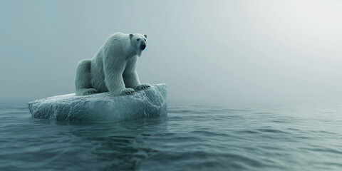 Fototapeta premium A polar bear on a small melting iceberg or ice floe in Antarctica or Arctic Sea. iceberg global warming, climate changes.