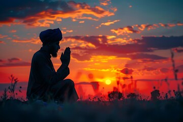 Naklejka premium Silhoueitte of young muslim man pray with beautiful sunset/ sunrise in background