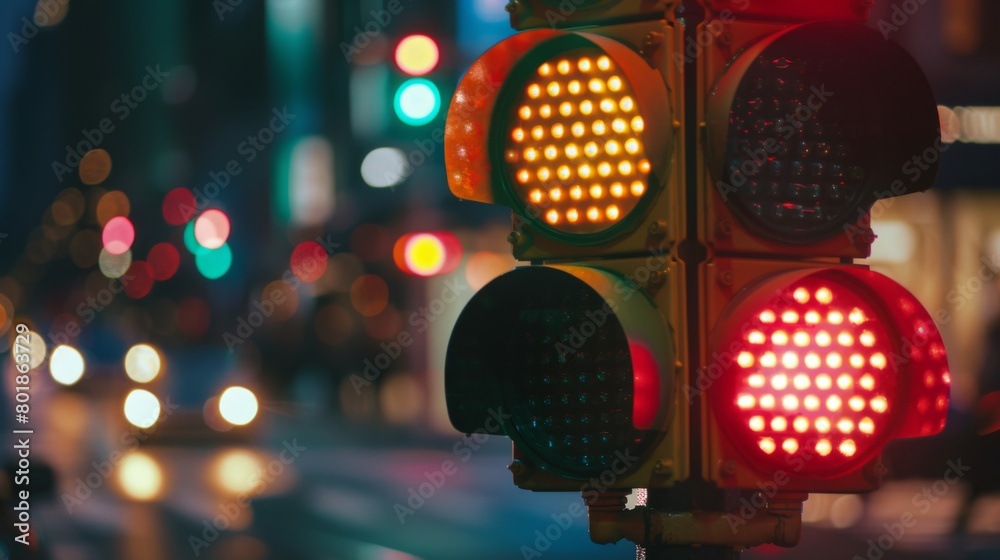 Poster A close-up of a traffic signal with vibrant red and green lights illuminated, indicating stop and go for vehicles.