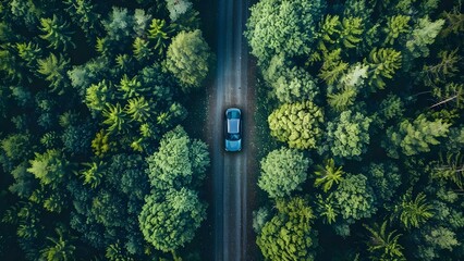 Ecofriendly car driving through forest promoting ecotourism and sustainable living. Concept Ecofriendly Driving, Forest Exploration, Sustainable Living, Ecotourism, Nature Conservation