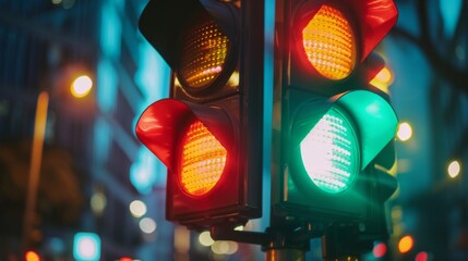 A close-up of a traffic signal with vibrant red and green lights illuminated, indicating stop and go for vehicles.