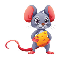 Cute mouse holding slice of cheese cartoon vector illustration isolated on white background