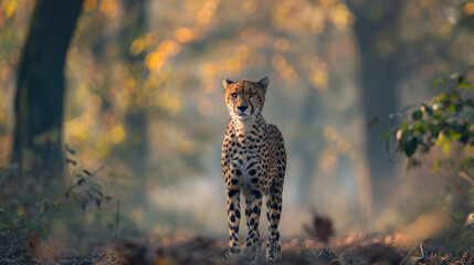 Portrait of a cheetah standing in the middle of a misty forest as morning light filters through the trees