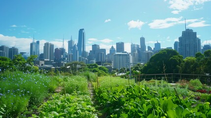 A lush green rooftop garden with urban skyline in the background, illustrating sustainable urban...