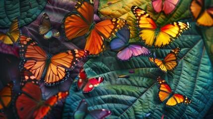 A close-up of a vibrant leaf with a colorful assortment of fluttering butterflies, creating a mesmerizing natural spectacle.