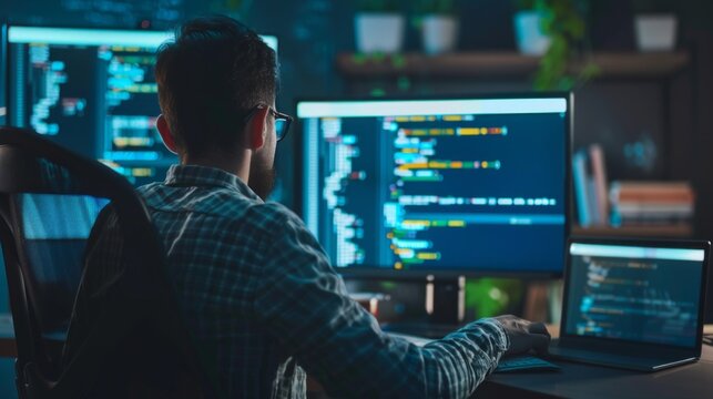 A mobile application developer, a man, is developing a new idea while sitting at a computer in the office. Program code, Innovative startup project, website, Technology concepts.