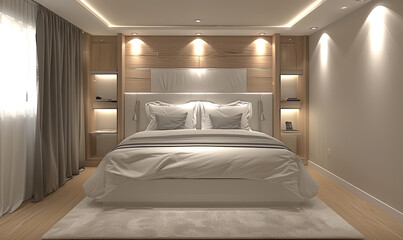 Elegant modern bedroom with a neatly made bed, soft lighting, and wooden accents. Generate AI