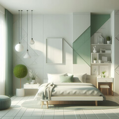 minimalistic bedroom interior in  green colors 