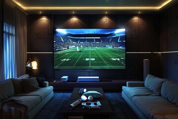 Football Game on Large Flat Screen Television, in Apartment Living Room