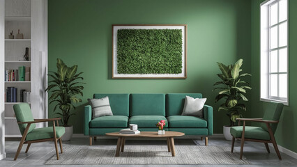 Stabilized moss hanging on the wall in modern interior. Panel of green moss. Beautiful square decoration element, made of stabilized plants: grass, moss, fern and green leaves. 3d rendering