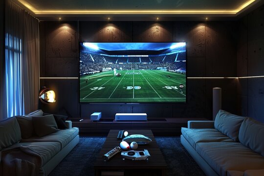 Football Game on Large Flat Screen Television, in Apartment Living Room