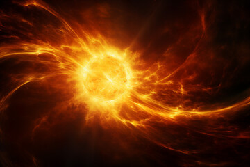 A dynamic and intense image of the sun, highlighting brilliant solar flares and swirling solar storms.