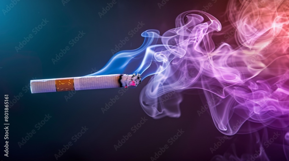 Poster a conceptual image of colorful smoke emanating from a cigarette, symbolizing the allure and danger o