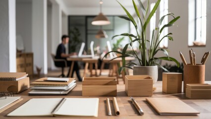 Obraz premium Contemporary Office Space with Eco-Friendly Wooden Desk Organizers