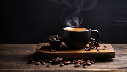 Hot coffee, tea or chocolate in black cup on wooden plank