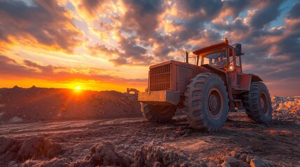 Fototapeta premium Large industrial tractor at a mining site during sunset, powerful earthmover in a rugged terrain under a dramatic orange sky, Concept of industrial progress, construction and environmental impact.
