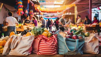 Naklejka premium Sustainable Shopping: Reusable Bags Packed with Fresh Produce at Outdoor Market