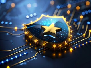 Cybersecurity Shield on Digital Circuit Board

