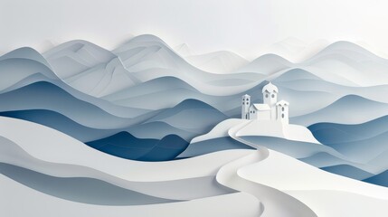 Surreal Paper Art of Wavy Mountains and Church
