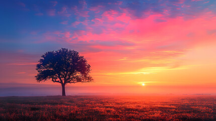 Fototapeta premium silhouette of a large tree in the middle of a meadow at sunset
