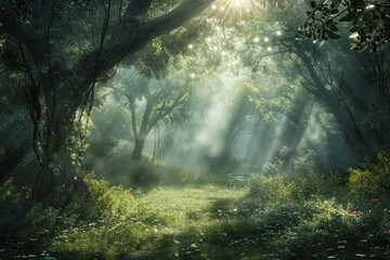 Obraz premium A Sunlit Forest Glade Scene., International Sun Day, the importance of solar energy, Sun’s contributions to life on Earth.