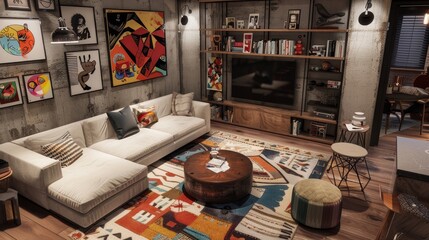 Personalized living room setup for a young adult, featuring hobby-inspired decor, multifunctional spaces for relaxation and creativity, engaging and individualistic