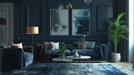 Navy blue-themed living room for a young person, showcasing a sophisticated design paired with light accents for a modern, stylish look