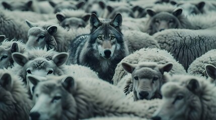 A wolf hiding among a flock of sheep, leading the way or waiting for the right moment to act - Concept of identity and difference, of being unique among others, or metaphor for hidden risk and danger