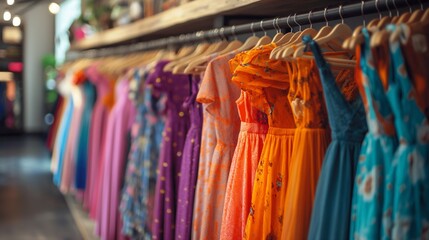 Fototapeta na wymiar Vibrant and colorful women's clothing on display in a boutique setting, showcasing a range of summer dresses and casual wear, concept of seasonal fashion and retail shopping