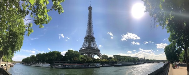 Eiffel Tower in city against blue sky, sunny day