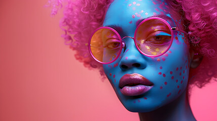 Studio shot portrait of afro woman glossy makeup eyeglasses pastel colors