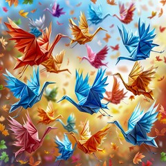 Obraz premium A flock of origami cranes flying through a forest of autumn leaves.