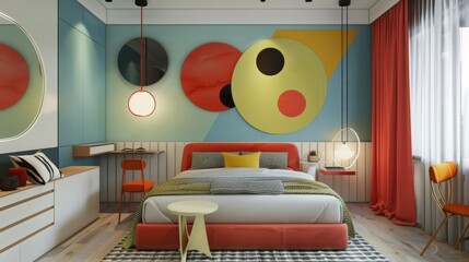 Modern and youthful room design in the mid-century modern style, clean lines and organic forms meet bold colors and retro decorative accents for a fresh appeal