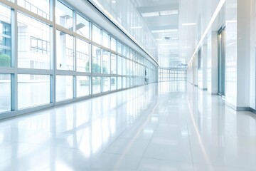 Blurred empty modern office interior with glass windows and white floor