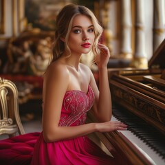 A beautiful woman in fuchsia color dress posing next to the piano, professional photography, elegant atmosphere, rich colors, daylight, rich background