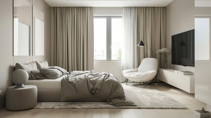 Minimalist design in a young person's room, characterized by clean aesthetics, neutral furnishings, and a selective approach to decorative elements