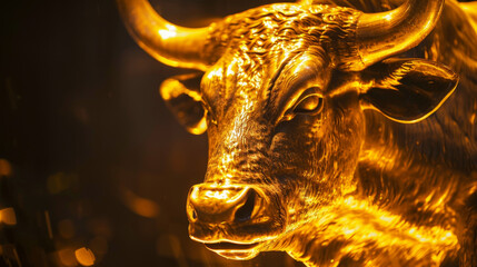 Stunning golden bull sculpture captured in dramatic, fiery lighting, symbolizing strength and financial market prosperity.
