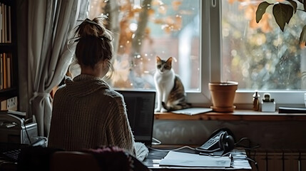 Freelancer student working at home office with cat and window 