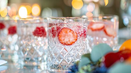Crystal glasses filled with sparkling water and garnished with fresh fruit sit ready for guests to...