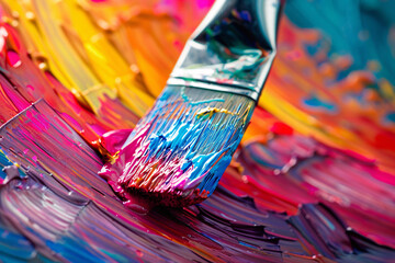 Fototapeta premium Close up of art brush painting thick oil paint strokes on canvas