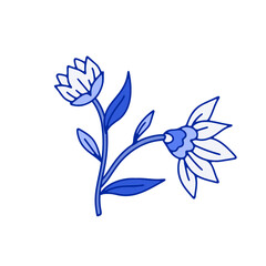 Monochrome blue floral chinoiserie style flower isolated on white background. Abstract hand drawn botanical clip art element.