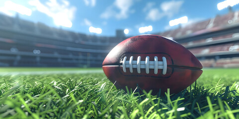 American football ball on grass in stadium