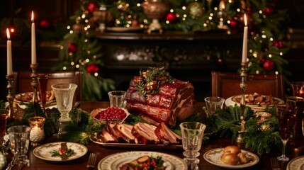 Fototapeta premium A festive holiday dinner table adorned with roasted three-layer pork belly, a symbol of prosperity and good fortune.
