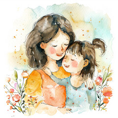 Cute mother and daughter colorful illustration with flowers in watercolor effect - ai generative