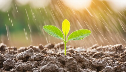 Plant Growing in Drought being Watered - Little Bud in the Rain - Concept of Positivity - Green...